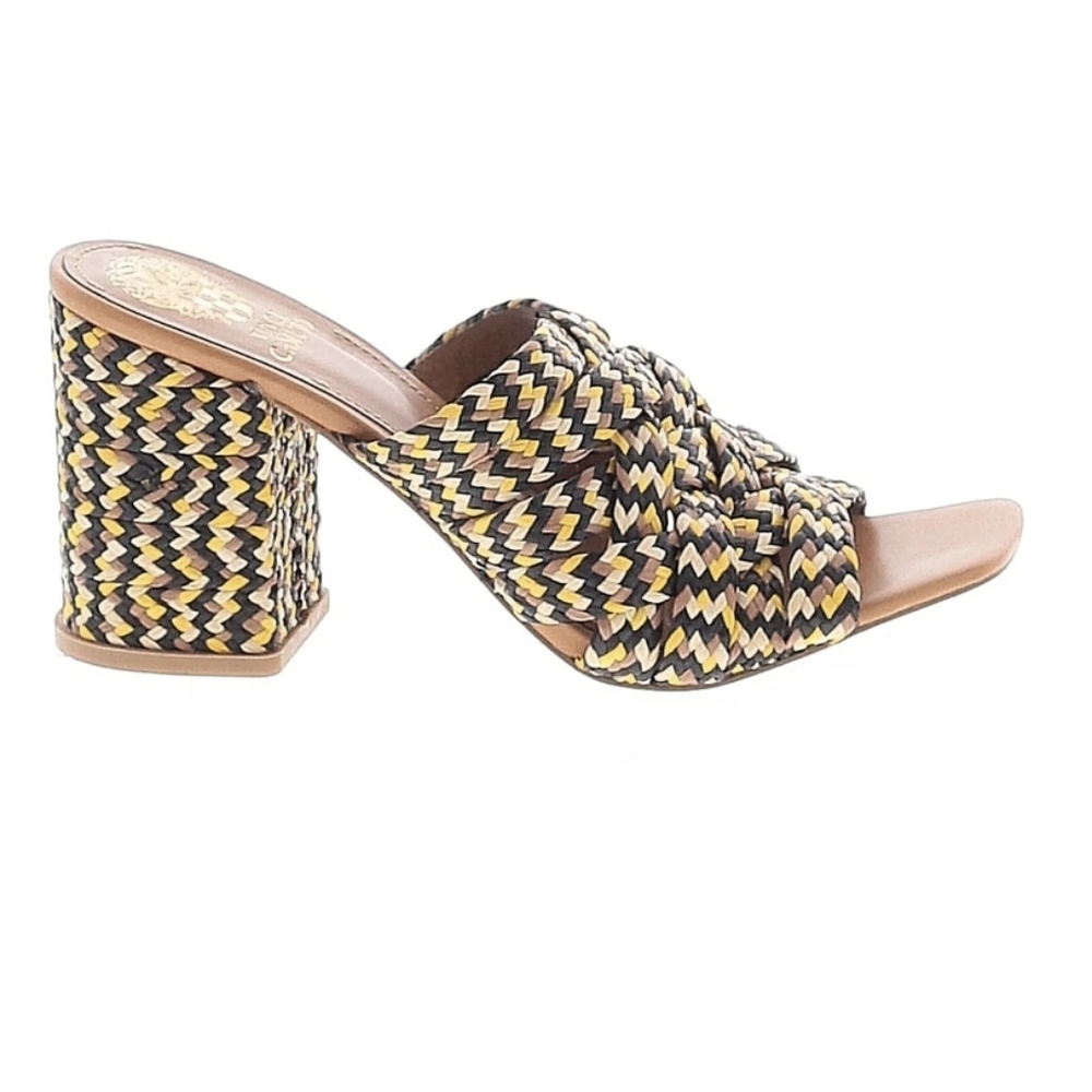 Vince Camuto Mules Woven Tweed Block Heel Brown Yellow Black 7.5